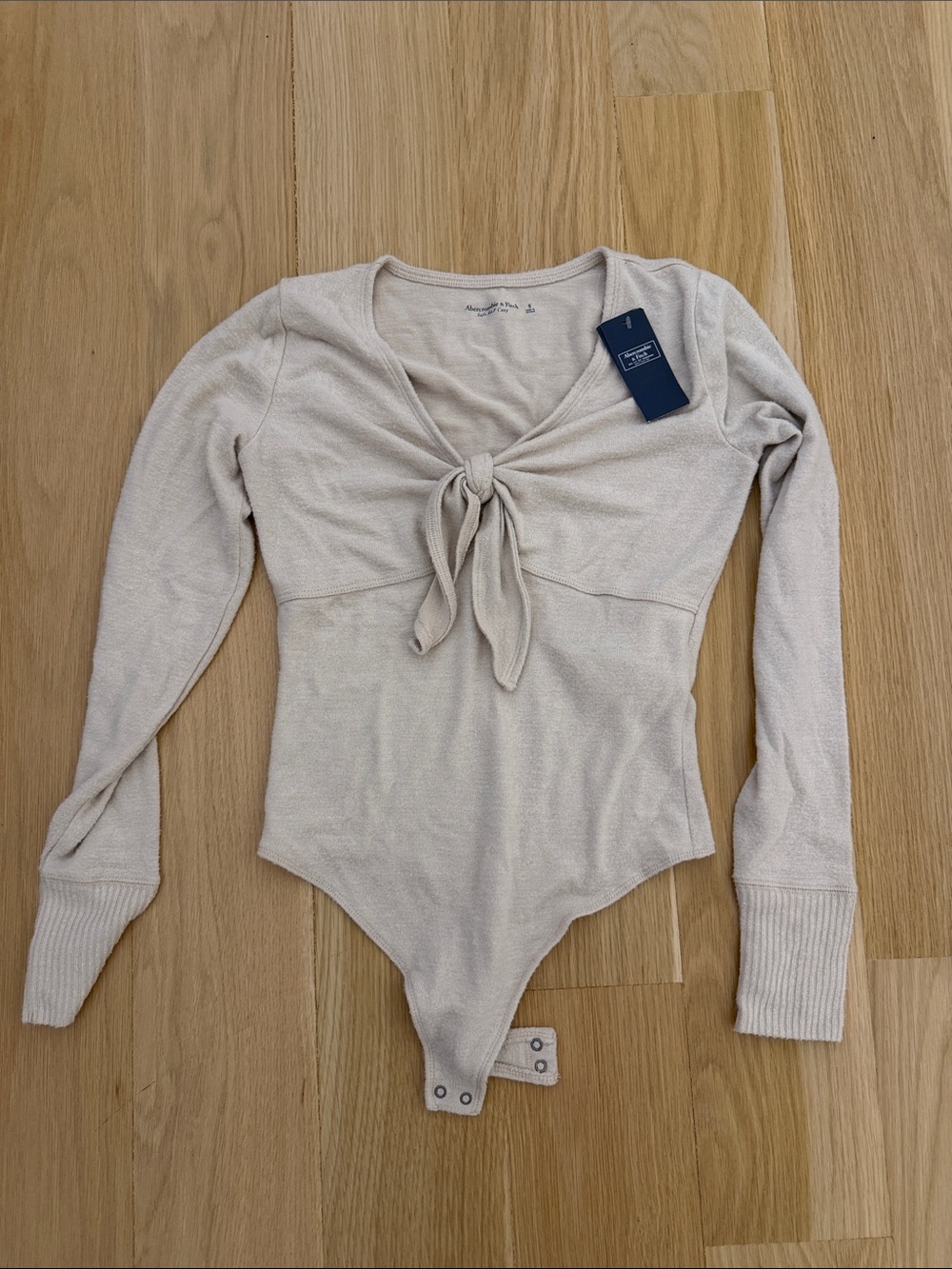Abercrombie & Fitch Cream Tie-Front V-Neck Bodysuit